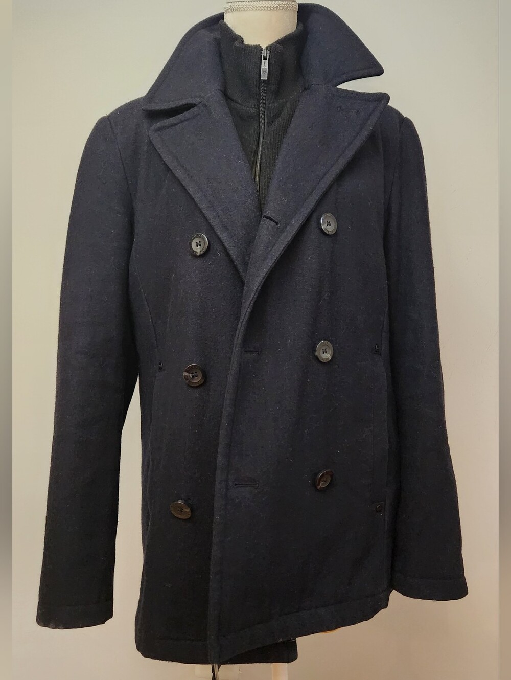 GUESS BLACK WOOL BLEND  PEA COAT JACKET WITH REMOVEABLE COLLAR SIZE S